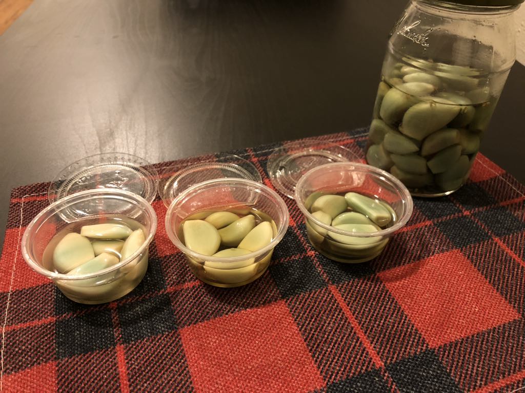 Laba Garlic made by me. Varying temperature and duration gave different intensity of green.