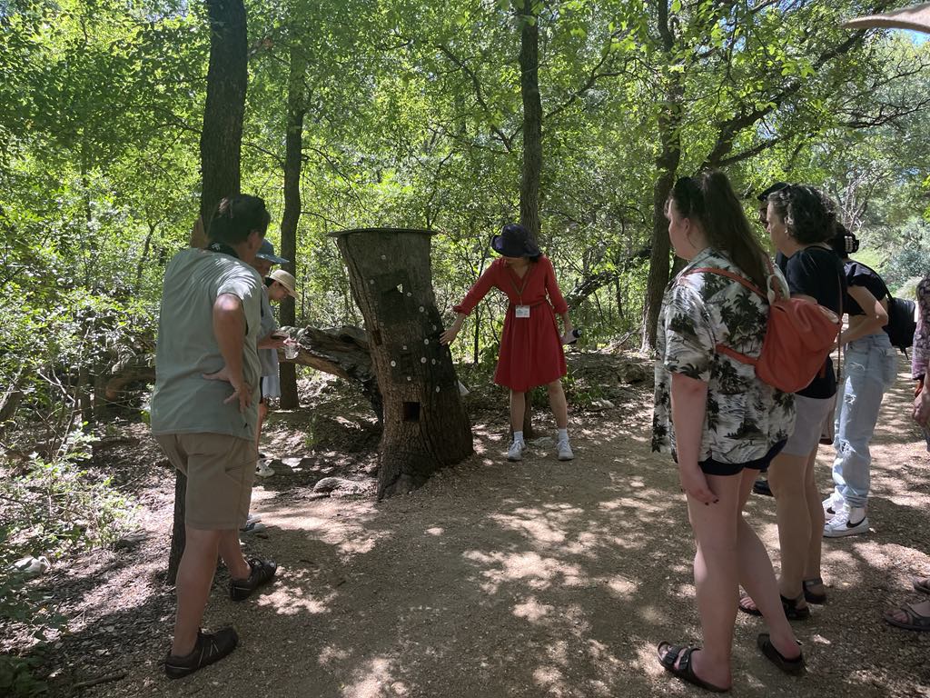 I was introducing the importance of insects in ecosystems and showcasing an insect hotel to the tour group. It was repurposed from dead trees and allows insects such as beetles to inhabit.
