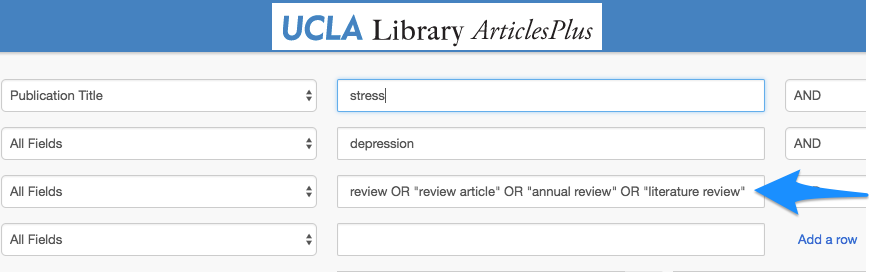 Searching for review articles in ArticlesPlus or Google Scholar by adding review, literature review, and annual review to your search terms.